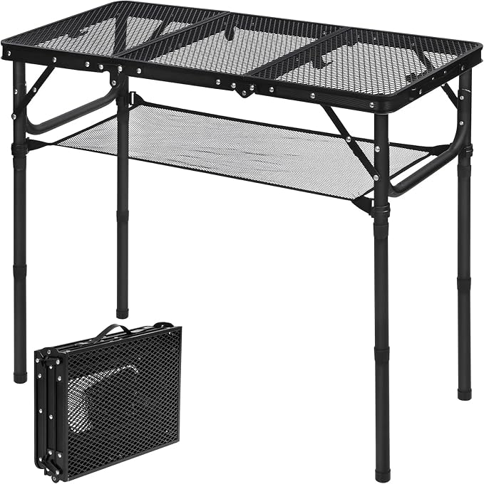 REDCAMP Small Triple fold Folding Grill Table for Outside, 3 Heights Adjustable Lightweight Portable Metal Frame Outdoor Table for Camping Picnic Cooking BBQ, Black, 34x16 inches