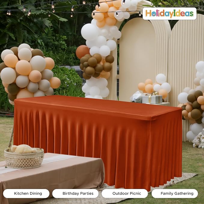 HolidayIdeas 2 Pack Rust Spandex Table Skirts 6ft Fall Tablecloths Ruffle | Stretchy Table Covers, Thanksgiving Decorations, Wrinkle Resistant Table Cloths For 30x72, Rectangle Tables for Autumn Event