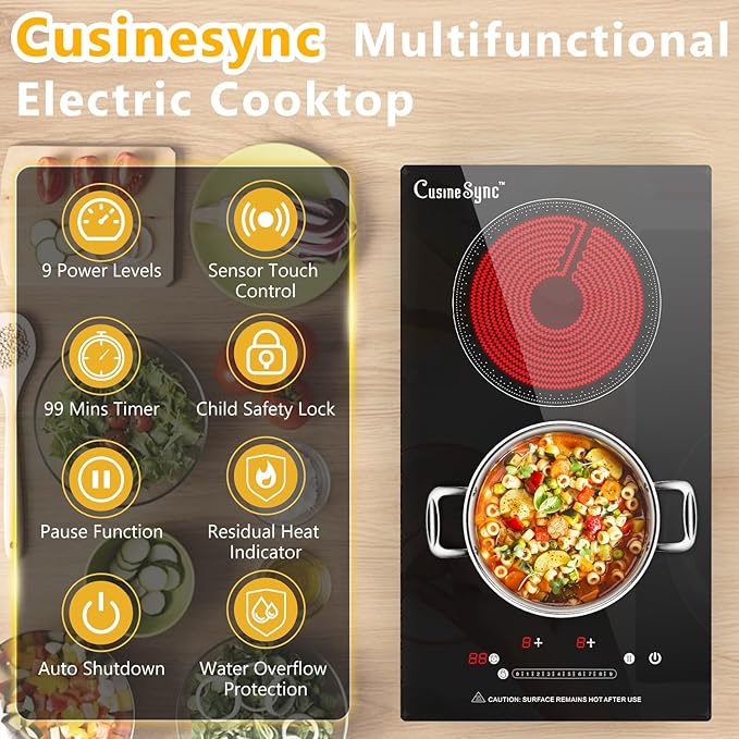 2 Burner Electric Cooktop, 110-120V Plug In Countertop Stove, Touch Control with 99-Min Timer, Child Lock & Auto Shutoff, 12 Inch Radiant Cooktop for Indoor Cooking