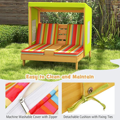 Kids Lounge Chair Outdoor, 2-Seat Toddler Patio Chair with Cushions, Cup Holders, Detachable Canopy, Wooden Double Chaise Lounge for Lawn, Pool, Garden, and Yard (Green)