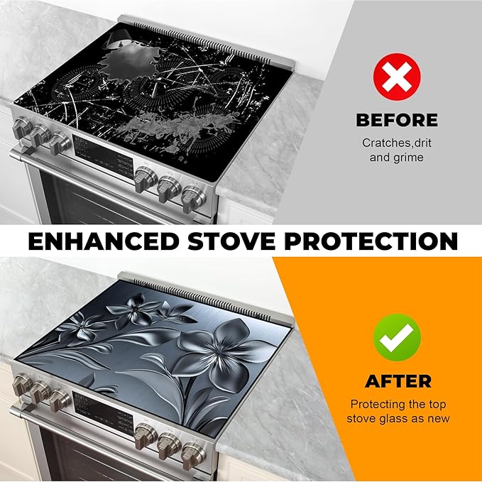 Heat-Resistant Glass Stove Top Cover with Anti-Slip Rubber Coating – Electric Stove Protector, Scratch-Resistant, Counter Space Decor Mat (Flower, 28.5"L x 20.5"W)