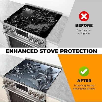 Heat-Resistant Glass Stove Top Cover with Anti-Slip Rubber Coating – Electric Stove Protector, Scratch-Resistant, Counter Space Decor Mat (Flower, 28.5"L x 20.5"W)