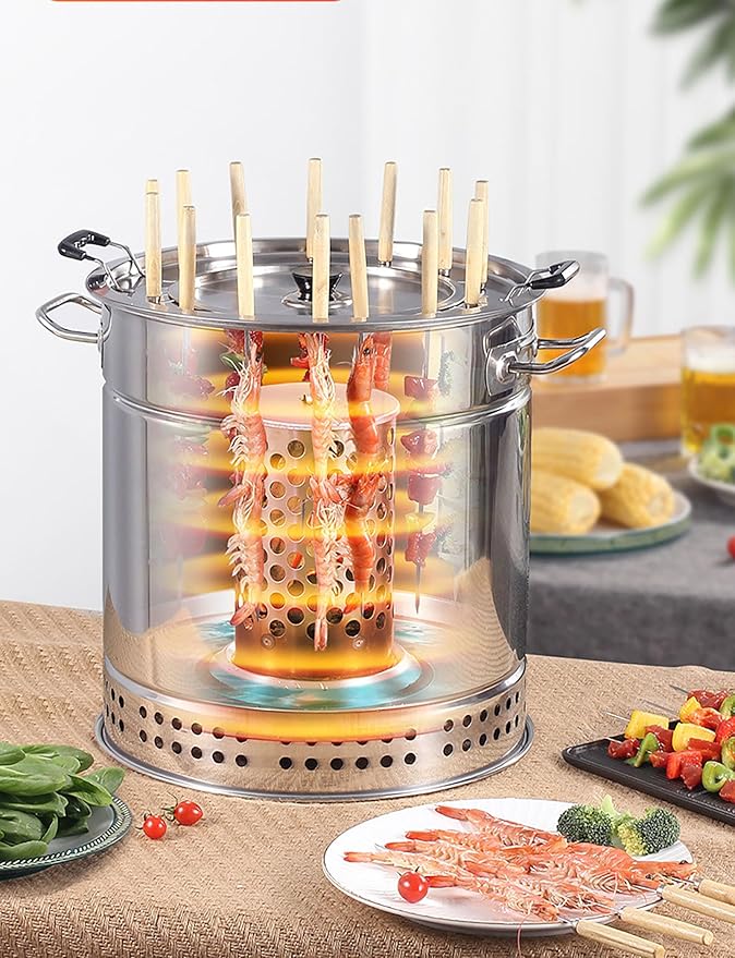 Charcoal BBQ Hanging Stove,Stainless Steel BBQ Grill Mesh Barrel with Kabob Skewers, Rolling Grilling Basket, Camping Barbecue Rack for Vegetables and Meat Carbon barbecue,20 strings