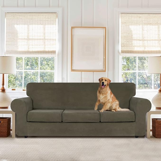 WEERRW 4-Piece Couch Cover for Sofa Velvet Sofa Cover Washable, Light Brown | Sofa Covers for 3 Cushion Couch Furniture Protector Sofa Slipcovers with Non Slip Elastic Bottom, Pet Friendly, Large