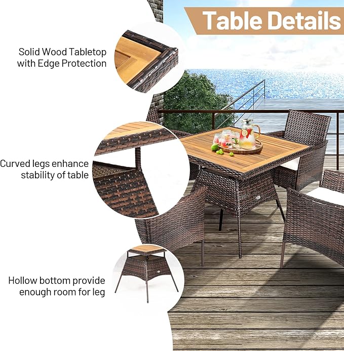 HAPPYGRILL 5 Pieces PE Wicker Patio Dining Set with Table and Chairs with Cushions, Outdoor Patio Furniture Set for Deck, Garden and Backyard (Brown Beige & Wood)