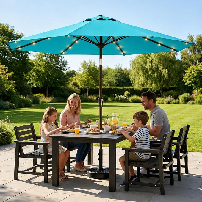 10FT Solar Lighted Patio Umbrella, Outdoor Table Market Umbrellas with Push Button Tilt and Crank, 32 LED Lights, 8 Sturdy Ribs, UV-Resistant for Deck, Garden, Pool