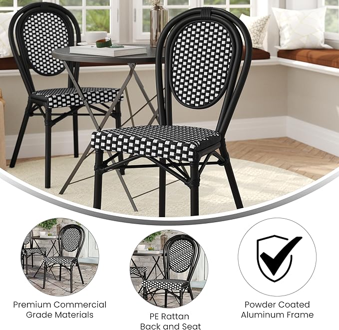 Flash Furniture Lourdes Indoor/Outdoor Commercial Thonet Bistro Stack Chair - Black/White PE Rattan Back and Seat - Black Metal Frame