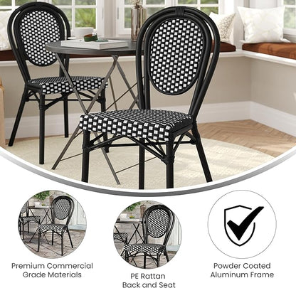 Flash Furniture Lourdes Indoor/Outdoor Commercial Thonet Bistro Stack Chair - Black/White PE Rattan Back and Seat - Black Metal Frame