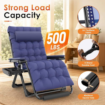 Slendor Heated Oversized Zero Gravity Chairs 33In, XXL Lounge Chair, Blue | Anti Gravity Recliner with 3 Heat Levels for Back & Seat, Headrest & Cup Holder, Folding, Supports 500lbs, (Battery Not)