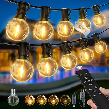 Ollny Outdoor String Lights with Remote, 50FT Plug in Patio Lights with Timer & 15 Shatterproof G40 Edison Bulbs, Waterproof Dimmable Outdoor Hanging Light for Porch, Backyard, Garden, 24V 2700K