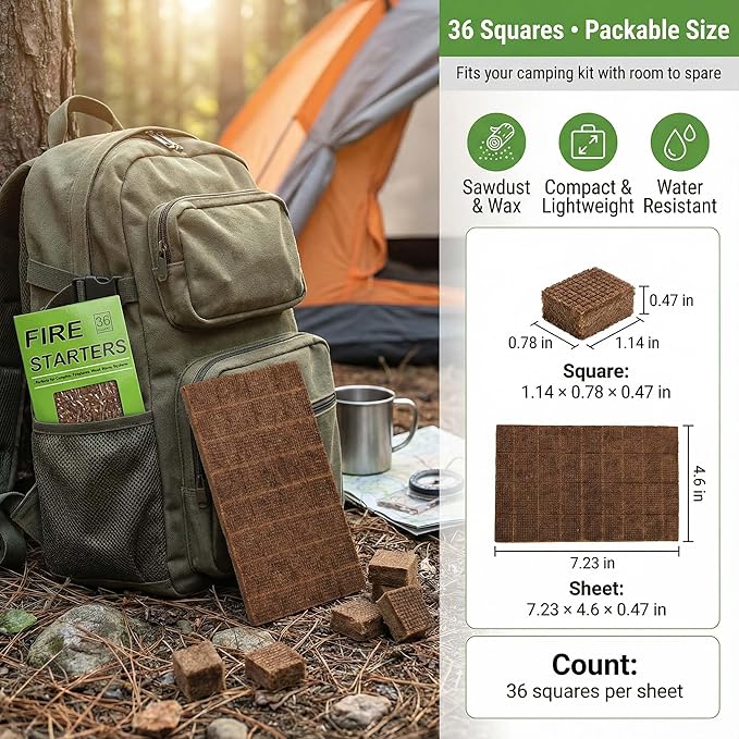 Fire Starter Squares for Grills: Natural Fire Starters Cubes - Quick Ignition Odorless Firestarter Blocks for Campfire Indoor Fireplace BBQ Outdoor Firepit & Wood Stove - 36 pcs