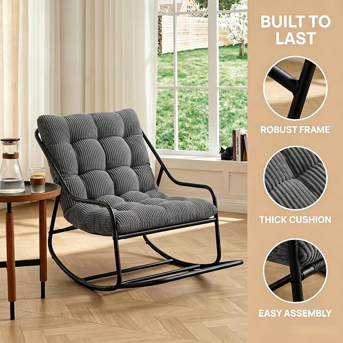 Outdoor Rocking Chairs, Metal Frame Outdoor Rocker with Footrest, Comfy Oversized Patio Chair with Thick Cushion, Reading Glider Lounge Chair for Living Room, Bedroom, Garden, Relax, Gray
