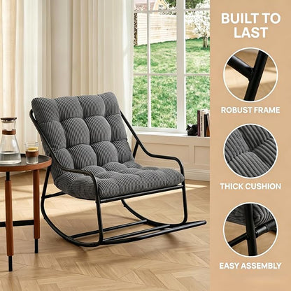 Outdoor Rocking Chairs, Metal Frame Outdoor Rocker with Footrest, Comfy Oversized Patio Chair with Thick Cushion, Reading Glider Lounge Chair for Living Room, Bedroom, Garden, Relax, Gray