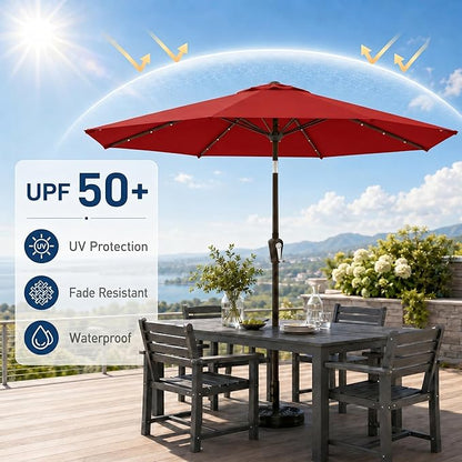11FT Solar Patio Umbrella with Lights, Outdoor Table Market Umbrella with 32 LED Lights, 8 Sturdy Ribs, Smooth Crank Lift for Pool, Deck and Garden, UV-Resistant