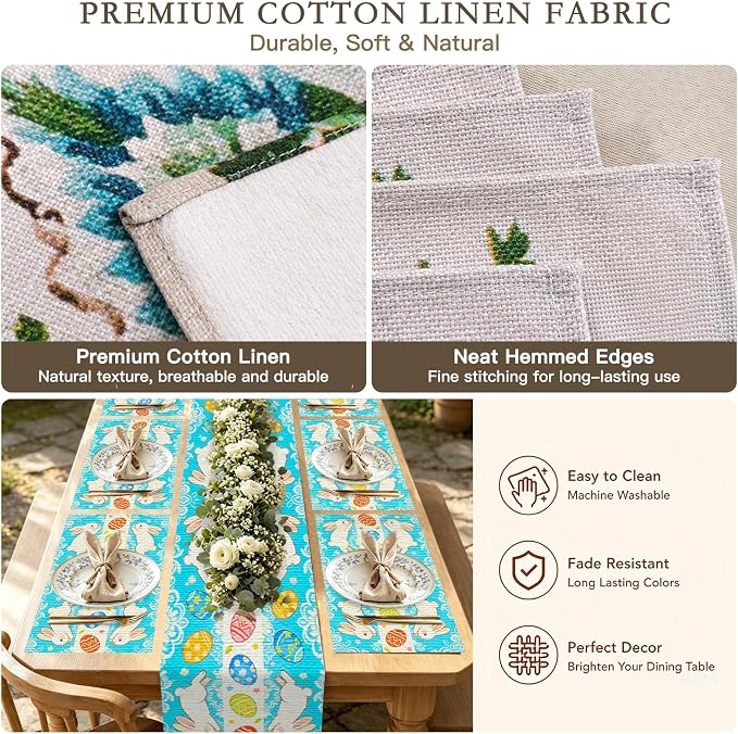 Nuxovilar Tablerunner and Placemats Set of 7 Blue Pattern Easter Bunny & Egg Design Linen Square Placemats for Dining Dining Sets and Accessories Easter Party, Family Meal, Kids