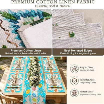 Nuxovilar Tablerunner and Placemats Set of 7 Blue Pattern Easter Bunny & Egg Design Linen Square Placemats for Dining Dining Sets and Accessories Easter Party, Family Meal, Kids
