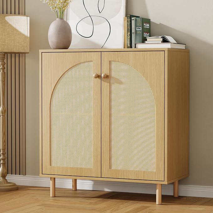 30 Inch Buffet Cabinet with Storage, Boho Sideboard with Rattan Decorated Doors & Adjustable Shelf, Accent Credenza Coffee Bar for Kitchen, Dining Room, Living Room, Entryway