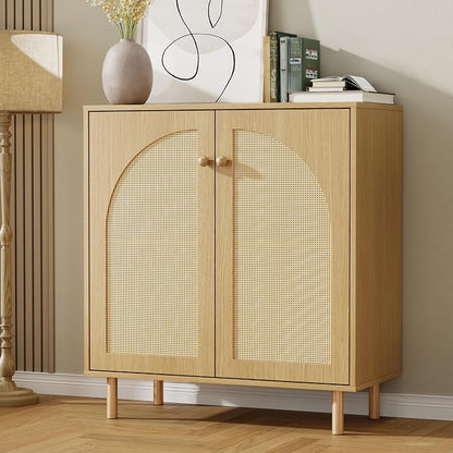 30 Inch Buffet Cabinet with Storage, Boho Sideboard with Rattan Decorated Doors & Adjustable Shelf, Accent Credenza Coffee Bar for Kitchen, Dining Room, Living Room, Entryway