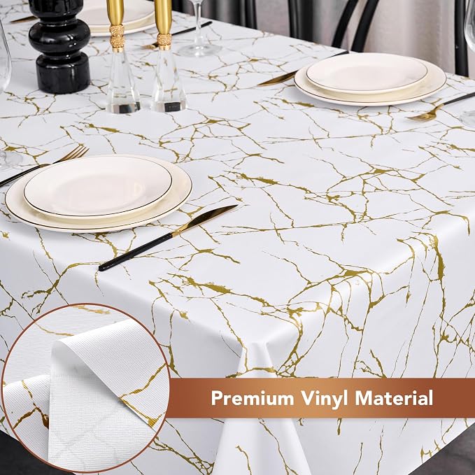 sancua 100% Waterproof Vinyl Tablecloth 54x78 Inch Rectangle, White Marble | PVC Table Cloth for Picnic, Oil-Resistant Spill-Proof Wipeable Cover for Dining, Kitchen, Parties, Indoor and Outdoor