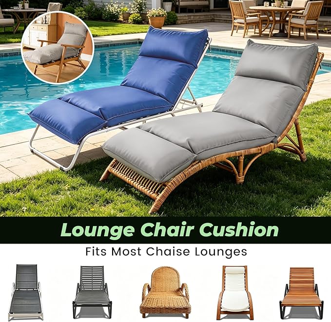 Outdoor Chaise Lounge Chair Cushion, Waterproof Non-Slip Patio Chaise Lounge Cushions for Outdoor Furniture, 72 x 21 x 5 Inches, Grey