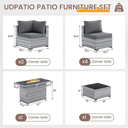 UDPATIO Patio Furniture Set with Fire Pit Table, 8 Pcs Outdoor Sectional Sofa, PE Wicker Patio Conversation Set for Garden, Backyard (Grey Cushions with Grey Rattan)