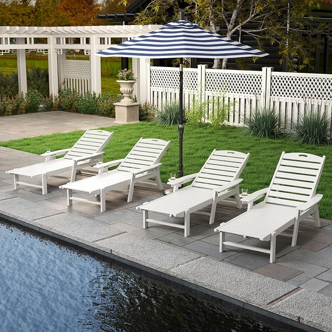 Giantex Lounge Chair Outdoor, Oversized Chaise Lounge Chair with 4-Position Backrest, Rotatory Cup Holder, Weatherproof HDPE Patio Lounge Chair for Outside Garden Deck Poolside Backyard, White (1)