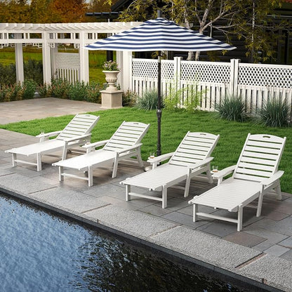 Giantex Lounge Chair Outdoor, Oversized Chaise Lounge Chair with 4-Position Backrest, Rotatory Cup Holder, Weatherproof HDPE Patio Lounge Chair for Outside Garden Deck Poolside Backyard, White (1)