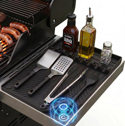 Magnetic Silicone Side Shelf Mat for Blackstone Griddle - 4 Corner Magnets, Extra Thick, Linear Drip Channels, 446°F Heat Resistant, 16"x11.5", Fits Weber Traeger Pit Boss, BBQ Gift for Men