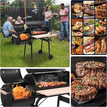 30.5 Inch Charcoal Grill and Smoker, Offset Barrel BBQ with Side Fire Box & Thermometer, Portable Outdoor Grill with Adjustable Damper and Wheels for Backyard Smoking & Grilling