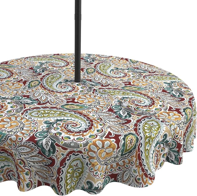 LVTXIII Round Outdoor Tablecloth with Umbrella Hole and Zipper, Water-Repellent 60 Inch Patio Table Cover for Bistro, Garden, Patio & Picnic, Vibrant Paisley