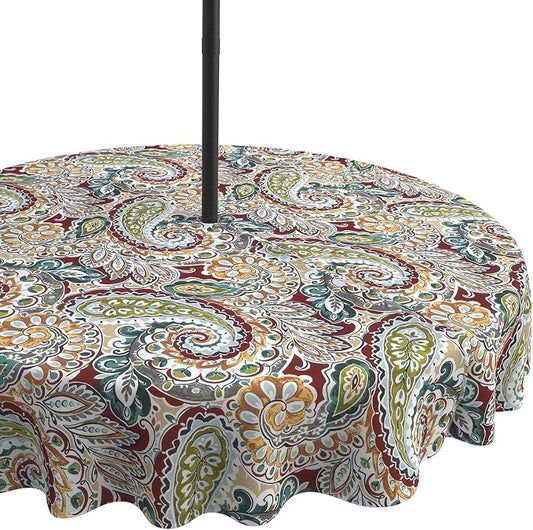 LVTXIII Round Outdoor Tablecloth with Umbrella Hole and Zipper, Water-Repellent 60 Inch Patio Table Cover for Bistro, Garden, Patio & Picnic, Vibrant Paisley