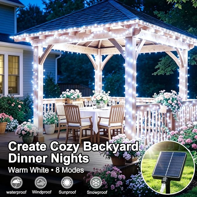 KNONEW 203FT 600LED Solar Fairy String Lights Outdoor Cool White 8 Modes | 8 Modes IP44 Waterproof Copper Wire Extra Long for Garden Patio Yard Christmas Wedding Party Indoor Outdoor