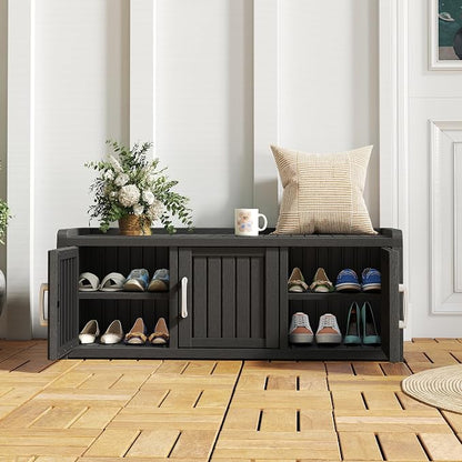 NUNU LAB Shoe Storage Cabinet, Waterproof Shoe Organizer with Adjustable Shelves, UV-Resistant Entryway Shoe Cabinet Bench with 3 Barn Doors for Indoor Outdoor, Foyer, Hallway, Living Room,Black
