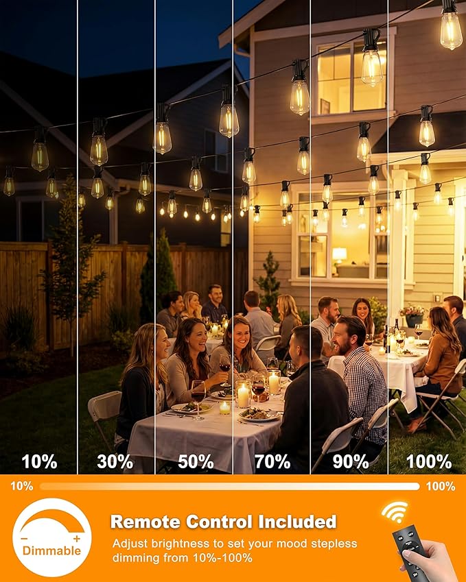 Solar String Lights Outdoor Waterproof, 54FT Patio Lights Solar Powered with Remote & USB, 10 Brightness Levels & Timer, 3 Light Modes, 15+1 ST38 LED Shatterproof Bulbs for Backyard, Camping