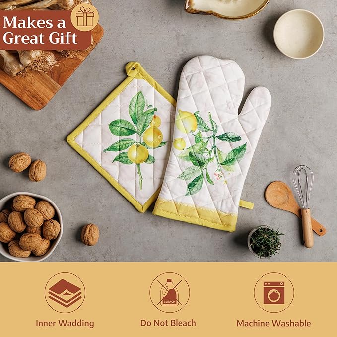 Maison d' Hermine Pot Holders 100% Cotton Heat Resistant Potholders 8" x 8" Hot Pads with Loop BBQ Cooking Baking Hotel Farmhouse Kitchen Handling Hot Pans Spring Summer (Pack of 2, Limoncello)