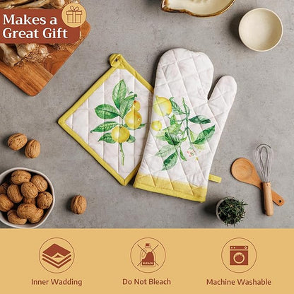Maison d' Hermine Pot Holders 100% Cotton Heat Resistant Potholders 8" x 8" Hot Pads with Loop BBQ Cooking Baking Hotel Farmhouse Kitchen Handling Hot Pans Spring Summer (Pack of 2, Limoncello)