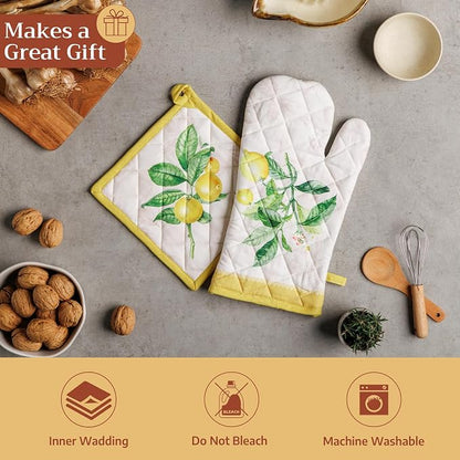 Maison d' Hermine 100% Cotton Oven Mitt & Pot Holder Set (7.5"x13" & 8"x8") | Heat Resistant BBQ Cooking Gloves with Loop Baking Grilling Kitchen Hotel Home Farmhouse Spring Summer - Limoncello
