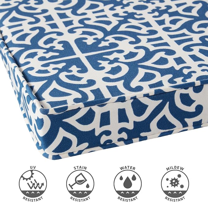 Outdoor 18 inch Square Patio Dining Chair Pads – Comfortable Fiber-Filled Seat Cushions with Ties, Reversible Polyester Fabric - Indigo Blue Lattice, Set of 4