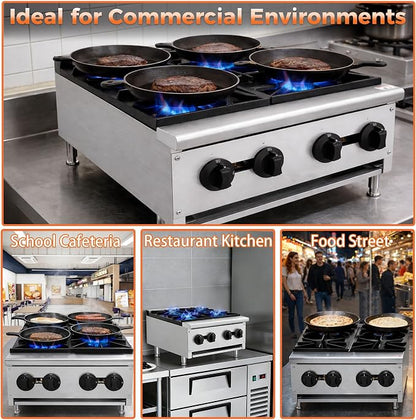 Commercial Countertop Gas Hot Plate Burner,NG LP Convertible Stove with Independent Controls,Standing Pilot Ignition,Cast Iron Grates,Adjustable Legs for Restaurant Prep Cooking (Silver,4 Burner)