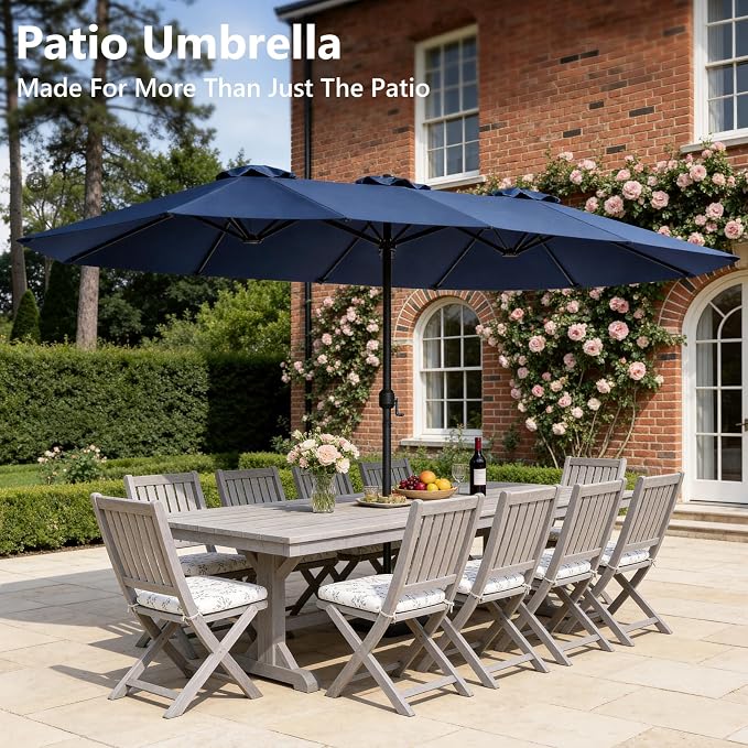 15FT Patio Umbrella, Double-Sided Outdoor Umbrella with base included, Large Standing Umbrella with Crank Handle & Ventilation, Rectangular patio umbrella for Pool, Backyard, Deck, Lawn & Beach