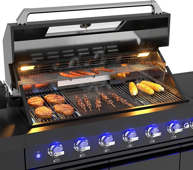 KoolMore Reserve Outdoor Kitchen Island with 6 Burner Grill and a Side Burner, Sink, Storage Cabinet, and Beverage Refrigerator, CSA Listed in Sleek Black