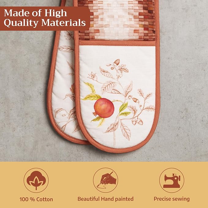 Maison d' Hermine Double Oven Mitts 100% Cotton Double Oven Glove (7"x35") | Heat Resistant BBQ Cooking Gloves with Loop Baking Kitchen Home Hotel Farmhouse Thanksgiving Christmas - Vintage Harvest