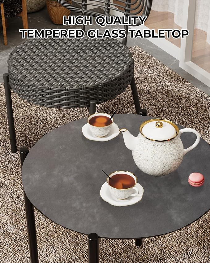 GarveeLife 3 Piece Wicker Patio Bistro Furniture Set, Outdoor Dining Chairs, Includes 2 Rattan Chairs and Tempered Glass Table, for Garden, Backyard, Balcony, Apartment, Black & Grey