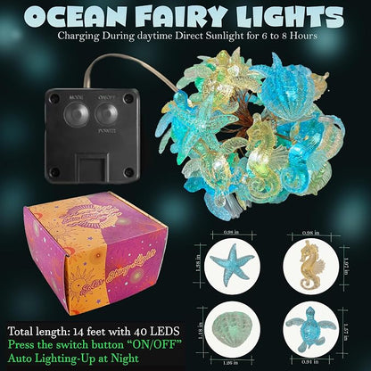 Solar String lights Outdoor Decorative Fairy Solar Lights for Outside Garden Décor Waterproof Sea life Turtle Seahorse Starfish Ocean Nautical Balcony Patio Lights 40LED 14ft Yard Fence Window Decor
