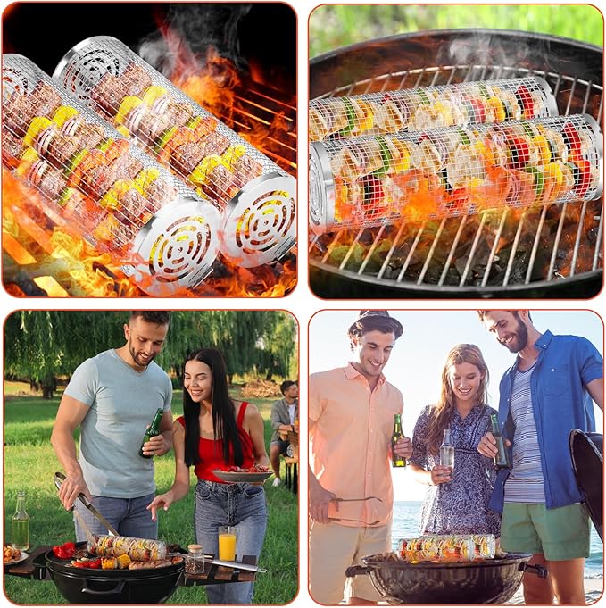 Grill Basket, Stainless Steel Rolling Grill Basket Mesh for Fish, Shrimp, Meat, Vegetables, Fries - Portable Barbeque Accessories for Outdoor Grilling