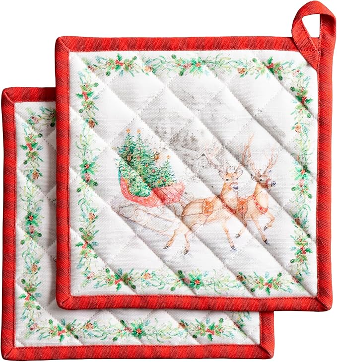 Maison d' Hermine Pot Holders Set 100% Cotton Heat Resistant Potholders 8" x 8" Hot Pads with Loop for Thanksgiving Christmas Decorations Baking Handling Hot Pans (Pack of 2, Christmas Tradition)
