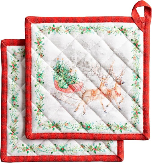 Maison d' Hermine Pot Holders Set 100% Cotton Heat Resistant Potholders 8" x 8" Hot Pads with Loop for Thanksgiving Christmas Decorations Baking Handling Hot Pans (Pack of 2, Christmas Tradition)