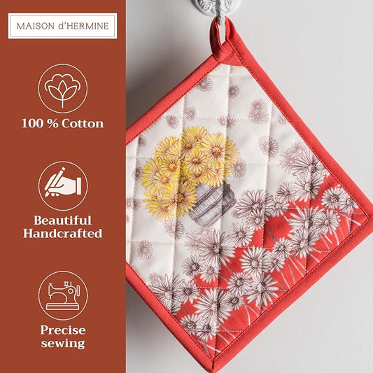Maison d' Hermine Pot Holders 100% Cotton Potholders (8" x 8", Pack of 1) | Heat Resistant Hot Pads with Loop BBQ Cooking Baking Hotel Kitchen Handling Hot Pans Thanksgiving Christmas - Bagatelle