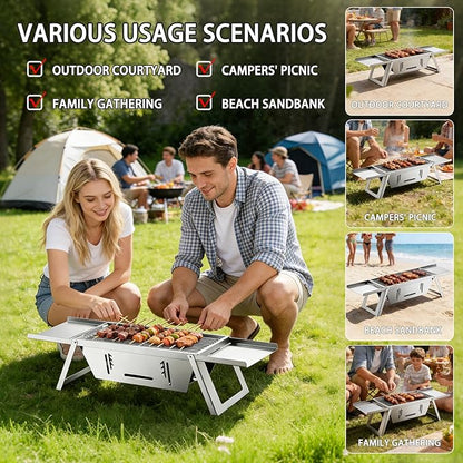 Foldable Small Charcoal Grill Portable Stainless Steel Charcoal Grill Perfect for 2-3 Outdoor Enthusiasts Ideal for Camping, BBQ, Picnics Tailgating Includes Gloves & Carry Bag