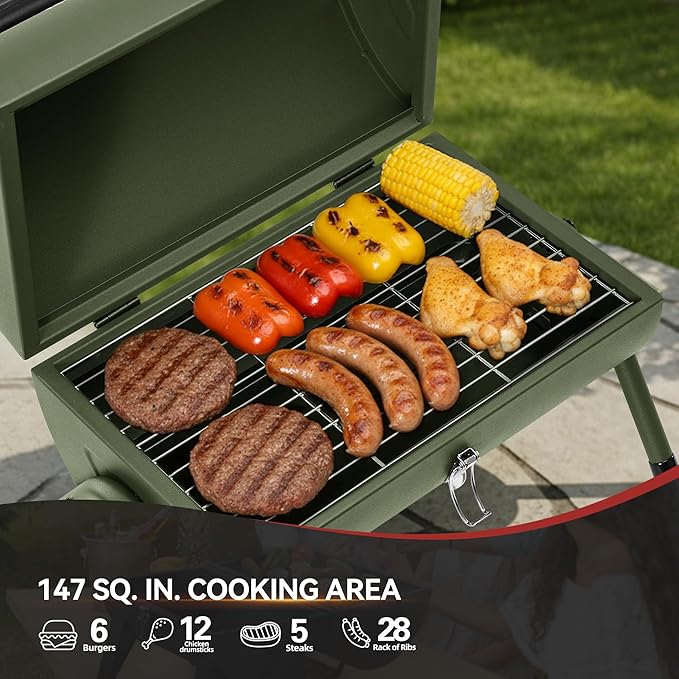 CC1015L Portable Charcoal Grill, 147 Sq. In. Cooking Area, with Four Air Vents, Lid Latch Buckle, Lid Handle, for Outdoor Backyard, Patio Parties and Picnics, Olive Green